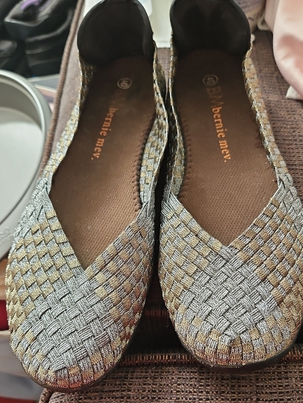 BERNIE MEV Silver And Gold Tone Woven SLStep Slip-On Shoes Size 40
